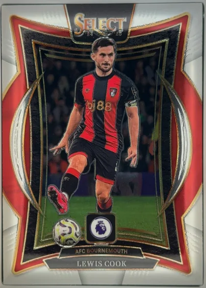 Front of 2024-25 Panini Select Premier League Soccer Lewis Cook #64 Terrace Base, upright portrait soccer card. A large SELECT logo and the years 24 25 appear at the top. Lewis Cook is pictured in an AFC Bournemouth red-and-black…