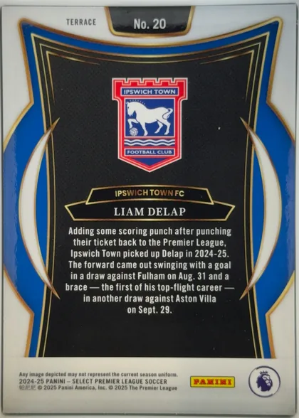 Back of 2024-25 Panini Select Premier League Soccer LIAM DELAP #20, upright card back. A white border surrounds a dark black central panel framed by blue and gold curved ornamental bands. The Ipswich Town crest is…