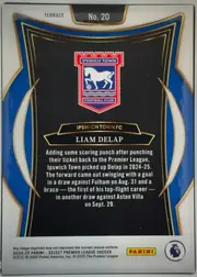 Back of 2024-25 Panini Select Premier League Soccer Liam Delap #20 Terrace, upright portrait-oriented card back. The top has the word TERRACE and a centered black-and-gold No. 20 panel. A large Ipswich Town Football Club…