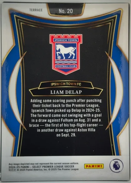 Back of 2024-25 Panini Select Premier League Soccer Liam Delap #20 Terrace, upright portrait-oriented card back. The top has the word TERRACE and a centered black-and-gold No. 20 panel. A large Ipswich Town Football Club…