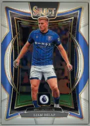 Front of 2024-25 Panini Select Premier League Soccer Liam Delap #20 Terrace, front-facing portrait soccer card. A large Liam Delap action photograph occupies the center, showing him in a blue Ipswich Town FC kit. The top has…
