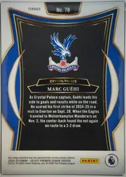 Back of 2024-25 Panini Select Premier League Soccer Marc Guéhi #78 Terrace, upright landscape-style back design presented vertically on the card. A white border surrounds a symmetrical blue, black, white, and gold ornamental…