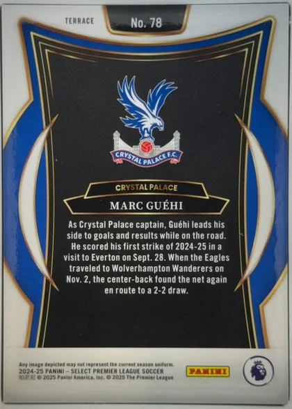 Back of 2024-25 Panini Select Premier League Soccer Marc Guéhi #78 Terrace, upright landscape-style back design presented vertically on the card. A white border surrounds a symmetrical blue, black, white, and gold ornamental…