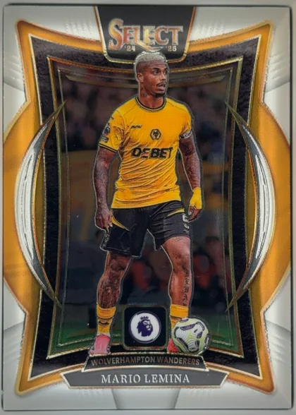 Front of 2024-25 Panini Select Premier League Soccer Mario Lemina #30 Terrace, front-facing portrait soccer card. The SELECT logo is centered at the top with "24 25" below it. A full-body image of Mario Lemina in a yellow…