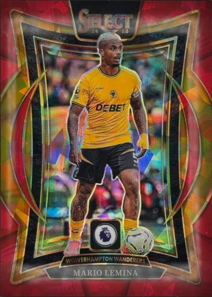Front of 2024-25 Panini Select Premier League Soccer Mario Lemina #30 Terrace Prizm, front of a portrait soccer card. A large full-body image of Mario Lemina in a yellow Wolverhampton Wanderers kit occupies the center. The top has a…