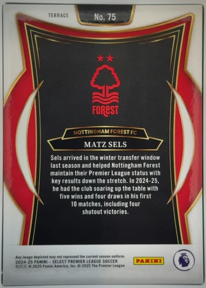 Back of 2024-25 Panini Select Premier League Soccer Matz Sels #75, upright portrait-format card back. A white top band contains the word TERRACE at left and No. 75 centered in a black-and-gold plaque. The main area…