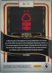 Back of 2024-25 Panini Select Premier League Soccer Murillo #172 Mezzanine, portrait-oriented card back. A black central field is framed by sweeping red, gold, and white curved stripes. The upper section shows two red stars…