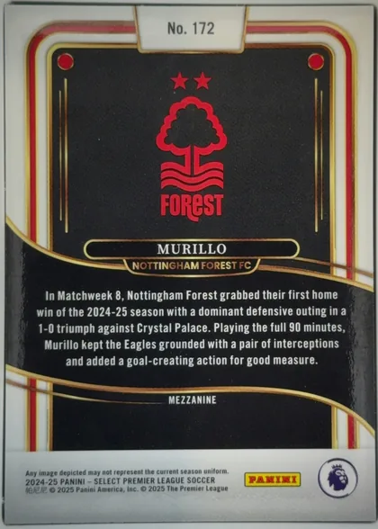 Back of 2024-25 Panini Select Premier League Soccer Murillo #172 Mezzanine, portrait-oriented card back. A black central field is framed by sweeping red, gold, and white curved stripes. The upper section shows two red stars…