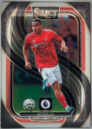 Front of 2024-25 Panini Select Premier League Soccer Murillo #172 Mezzanine, front of a portrait soccer card. The upper center has a large SELECT logo with “24 25” beneath it. A player in a red Nottingham Forest kit is shown…