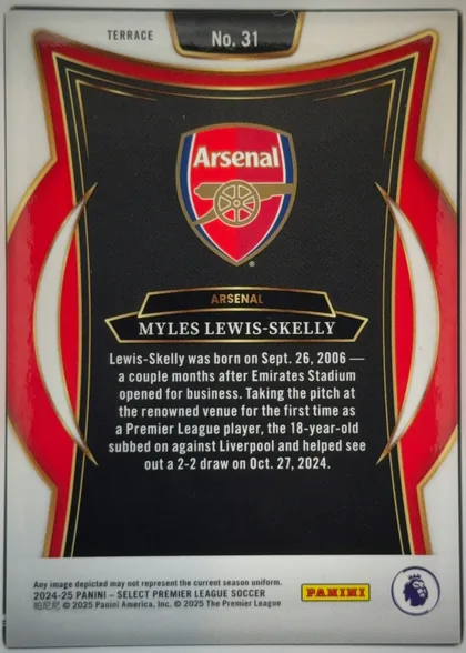 Back of 2024-25 Panini Select Premier League Soccer Myles Lewis-Skelly #31 Rookie Card, portrait-oriented biography back. The top has TERRACE at left and No. 31 in a black-and-gold tab. A large Arsenal crest sits in the upper central…