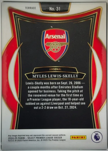 Back of 2024-25 Panini Select Premier League Soccer Myles Lewis-Skelly #31 Terrace, upright portrait-format card back. A white outer border surrounds a red, black, white, and gold decorative frame. The upper center shows “TERRACE”…
