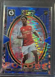 Front of 2024-25 Panini Select Premier League Soccer MYLES LEWIS-SKELLY #7 Silver Prizm, front of a soccer card. Top row: black rounded-square Premier League lion logo (left), metallic foil 'SELECT' wordmark with small '24' and '25'…