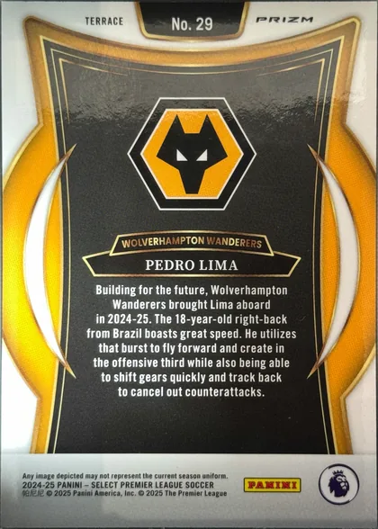 Back of 2024-25 Panini Select Premier League Soccer Pedro Lima #29, upright portrait-format card back. The top area has TERRACE at left, PRIZM at right, and No. 29 centered in a black tab. A Wolverhampton Wanderers…