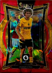 Front of 2024-25 Panini Select Premier League Soccer Pedro Lima #29, upright portrait soccer card front. A central player image shows Pedro Lima wearing a yellow Wolverhampton Wanderers kit, with a Premier League…