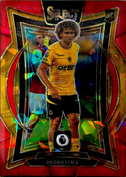 Front of 2024-25 Panini Select Premier League Soccer Pedro Lima #29, upright portrait soccer card front. A central player image shows Pedro Lima wearing a yellow Wolverhampton Wanderers kit, with a Premier League…