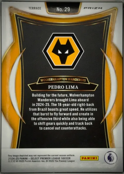 Back of 2024-25 Panini Select Premier League Soccer Pedro Lima #29 Terrace Prizm, upright portrait-oriented card back. A white border frames a black central field with gold, black, and white angular decorative elements. The top…