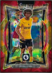 Front of 2024-25 Panini Select Premier League Soccer Pedro Lima #29 Terrace Prizm, upright portrait soccer card front. A central image shows Pedro Lima in a yellow Wolverhampton Wanderers kit, with a goalkeeper and colorful…