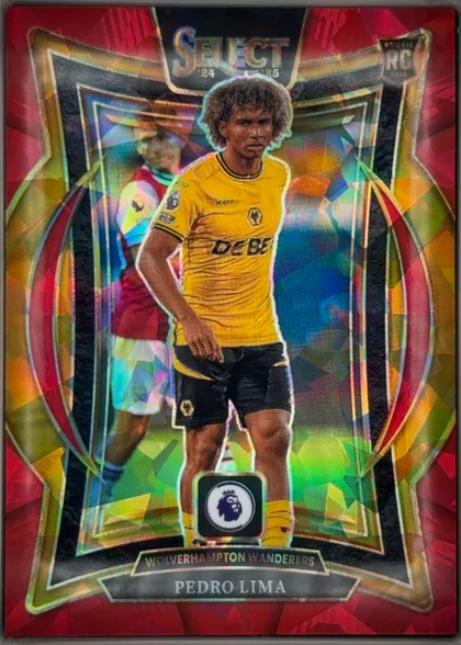 Front of 2024-25 Panini Select Premier League Soccer Pedro Lima #29 Terrace Prizm, upright portrait soccer card front. A central image shows Pedro Lima in a yellow Wolverhampton Wanderers kit, with a goalkeeper and colorful…