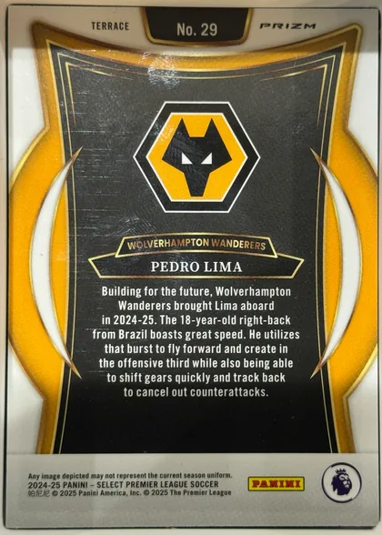 Back of 2024-25 Panini Select Premier League Soccer Pedro Lima #29 Terrace Prizm, upright portrait-oriented card back. The top has TERRACE at left, No. 29 centered in a black panel, and PRIZM at right. A Wolverhampton Wanderers…