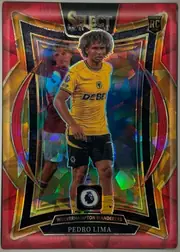 Front of 2024-25 Panini Select Premier League Soccer Pedro Lima #29 Terrace Prizm, upright portrait soccer card. The SELECT logo with "24" and "25" appears at the top, with a black "ROOKIE RC CARD" badge at upper-right. Pedro Lima…