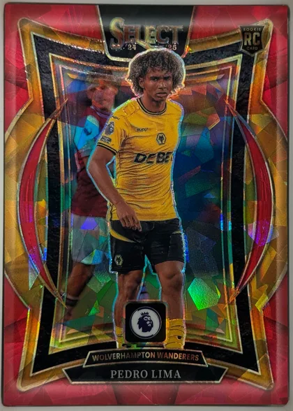 Front of 2024-25 Panini Select Premier League Soccer Pedro Lima #29 Terrace Prizm, upright portrait soccer card. The SELECT logo with "24" and "25" appears at the top, with a black "ROOKIE RC CARD" badge at upper-right. Pedro Lima…