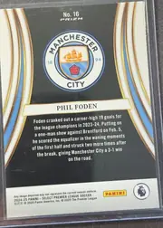 Back of 2024-25 Panini Select Premier League Soccer Phil Foden #16 Equalizers Prizm, back of a soccer card. At the top center, "No. 16" and "PRIZM" appear in white on a black field. A large Manchester City crest occupies the…
