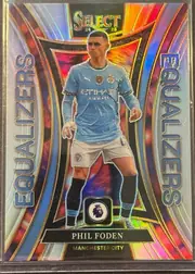 Front of 2024-25 Panini Select Premier League Soccer Phil Foden #16 Equalizers Prizm, upright portrait soccer card. A full-body image of Phil Foden in a light blue Manchester City uniform is centered over an elaborate multicolored…