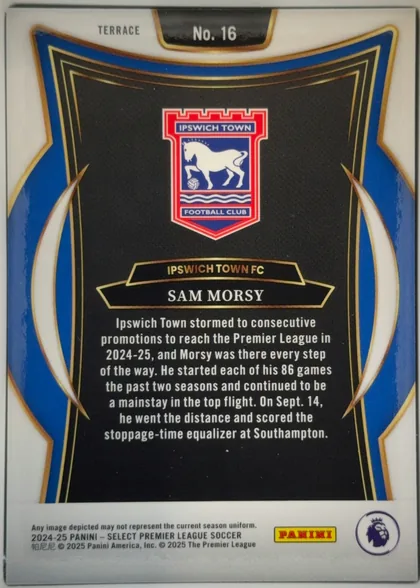 Back of 2024-25 Panini Select Premier League Soccer Sam Morsy #16 Base, landscape-oriented card back shown upright. A white border surrounds an ornate blue, black, and gold design. The Ipswich Town crest is centered in…