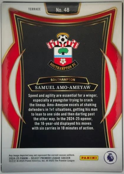 Back of 2024-25 Panini Select Premier League Soccer Samuel Amo-Ameyaw #48 Base, portrait-oriented card back. A white border surrounds an ornate red-and-black central design with thin gold outlines and curved white side accents…