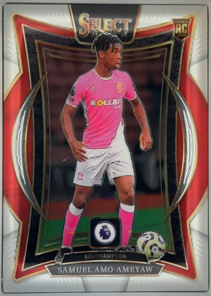 Front of 2024-25 Panini Select Premier League Soccer Samuel Amo-Ameyaw #48 Base, portrait soccer card front. A player in a pink Southampton kit stands centrally in a stadium scene with a soccer ball near the lower right. The…