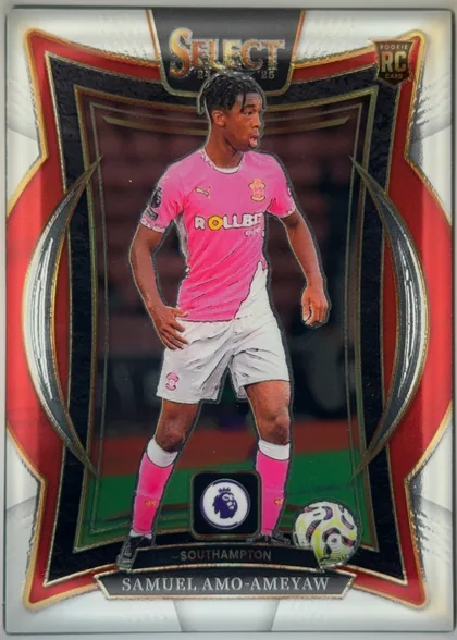Front of 2024-25 Panini Select Premier League Soccer Samuel Amo-Ameyaw #48 Terrace Base, upright portrait soccer card front. A player in a bright pink Southampton kit is centered in a stadium scene, with a soccer ball near the lower…
