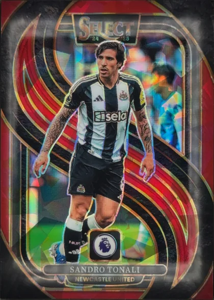 Front of 2024-25 Panini Select Premier League Soccer Sandro Tonali #187 Mezzanine, front of a portrait soccer card. A full-body image of Sandro Tonali in a black-and-white Newcastle United kit is centered over a colorful prismatic…
