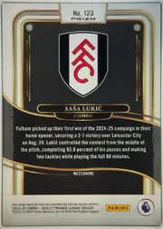 Back of 2024-25 Panini Select Premier League Soccer SAŠA LUKIĆ #123 Mezzanine Prizm, upright portrait-format card back. A white tab at the top contains "No. 123" and "PRIZM". The upper black panel displays the Fulham crest, with SAŠA…