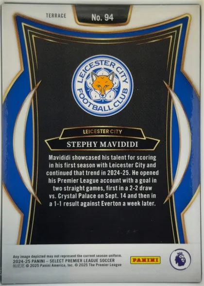 Back of 2024-25 Panini Select Premier League Soccer Stephy Mavididi #94 Rookie Card, portrait-oriented card back. A white upper and lower border surrounds a black central panel framed by layered gold lines and large blue side…