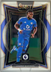 Front of 2024-25 Panini Select Premier League Soccer Stephy Mavididi #94 Rookie Card, upright portrait soccer card. The top carries a large SELECT logo with 24 and 25 beneath it, while a ROOKIE RC CARD badge is at upper right. A…