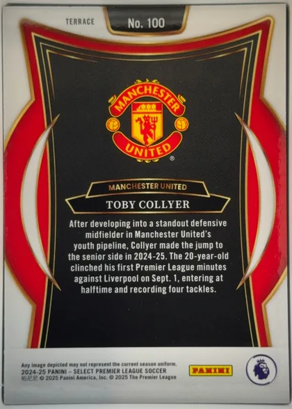 Back of 2024-25 Panini Select Premier League Soccer Toby Collyer #100 Rookie, upright portrait-format card back. A black central panel is surrounded by red, white, and gold ornamental framing. The Manchester United crest is…
