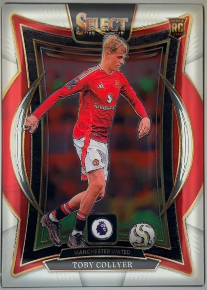 Front of 2024-25 Panini Select Premier League Soccer Toby Collyer #100 Rookie, front of a soccer card. Top center shows the word "SELECT" in large gold/orange foil lettering with "'24" and "'25" below it. Top right has a dark…