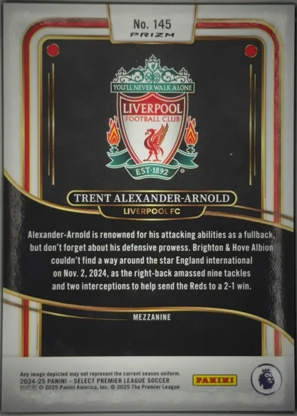 Back of 2024-25 Panini Select Premier League Soccer Trent Alexander-Arnold #145 Mezzanine Prizm, upright portrait-format card back. A white top tab with gold outline carries the centered card number and PRIZM label. The upper black panel has…