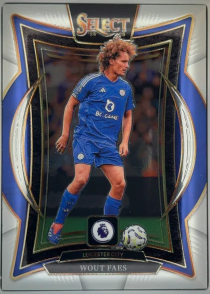 Front of 2024-25 Panini Select Premier League Soccer Wout Faes #93 Terrace, portrait-oriented football card front. A full-body photograph shows Wout Faes in a blue Leicester City kit against a dark stadium background. SELECT…