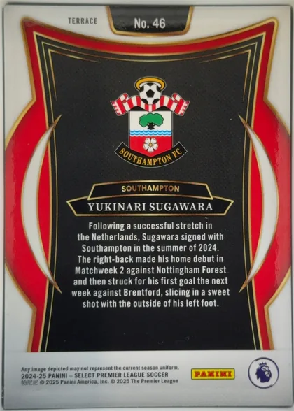 Back of 2024-25 Panini Select Premier League Soccer YUKINARI SUGAWARA #46 Base Terrace, upright landscape-oriented back design dominated by a black central panel framed with thin gold lines and a bold red ornamental border. "TERRACE"…