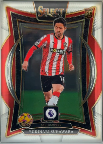 Front of 2024-25 Panini Select Premier League Soccer YUKINARI SUGAWARA #46 Base Terrace, upright portrait soccer card. A large SELECT logo and 24-25 marking appear at the top, with a Rookie RC Card badge in the upper-right. The central…