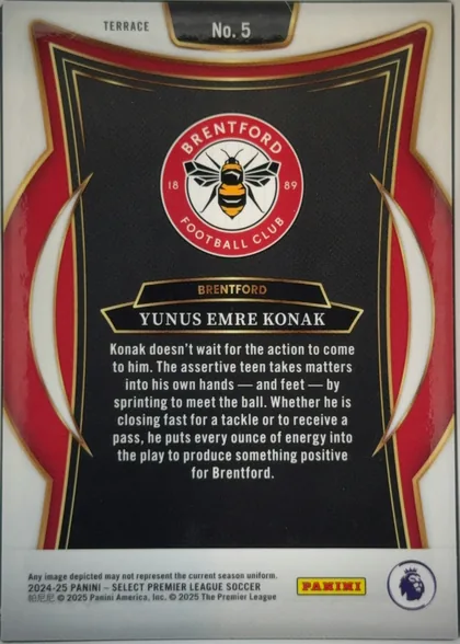 Back of 2024-25 Panini Select Premier League Soccer Yunus Emre Konak #5 Base Set Premier League Terrace, portrait-oriented card back. A white border surrounds a black central panel framed by thin gold lines and large red geometric side areas with white…