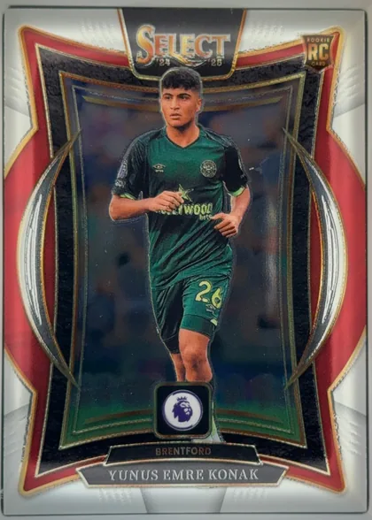 Front of 2024-25 Panini Select Premier League Soccer Yunus Emre Konak #5 Terrace, upright portrait soccer card front. The top center displays the Select 24 25 logo, with a Rookie RC Card badge at the upper right. A male soccer…