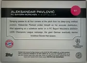 Back of 2024-25 Topps UEFA Club Competitions Soccer Aleksandar Pavlovic #61 Base (Future Stars), landscape-oriented card back. A black header band across the upper portion displays the player name in large white capitals, the team and position…
