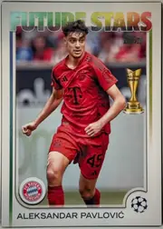 Front of 2024-25 Topps UEFA Club Competitions Soccer Aleksandar Pavlovic #61 Base (Future Stars), front side. A white/silver bordered card with a rainbow gradient foil banner reading 'FUTURE STARS' across the top. The central area is a full-color…