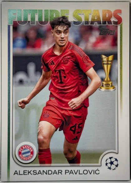 Front of 2024-25 Topps UEFA Club Competitions Soccer Aleksandar Pavlovic #61 Base (Future Stars), front side. A white/silver bordered card with a rainbow gradient foil banner reading 'FUTURE STARS' across the top. The central area is a full-color…