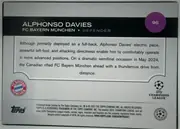Back of 2024-25 Topps UEFA Club Competitions Soccer Alphonso Davies #96, landscape-oriented card back with a pale gray background and rounded rectangular perimeter. A black header band contains the large player name, club…