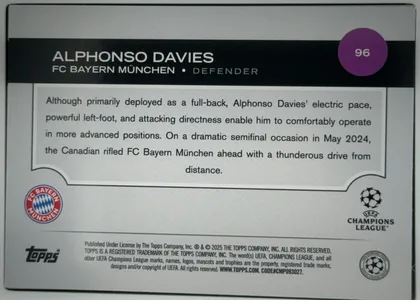 Back of 2024-25 Topps UEFA Club Competitions Soccer Alphonso Davies #96, landscape-oriented card back with a pale gray background and rounded rectangular perimeter. A black header band contains the large player name, club…