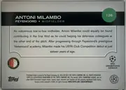 Back of 2024-25 Topps UEFA Club Competitions Soccer Antoni Milambo #126 Base, the upright card back has a black header across the top with the large white player name ANTONI MILAMBO and the line FEYENOORD • MIDFIELDER. A green…