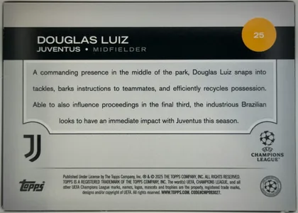 Back of 2024-25 Topps UEFA Club Competitions Soccer Douglas Luiz #25, landscape-oriented card back. A black header band across the top contains the large white name "DOUGLAS LUIZ" and the line "JUVENTUS • MIDFIELDER"…